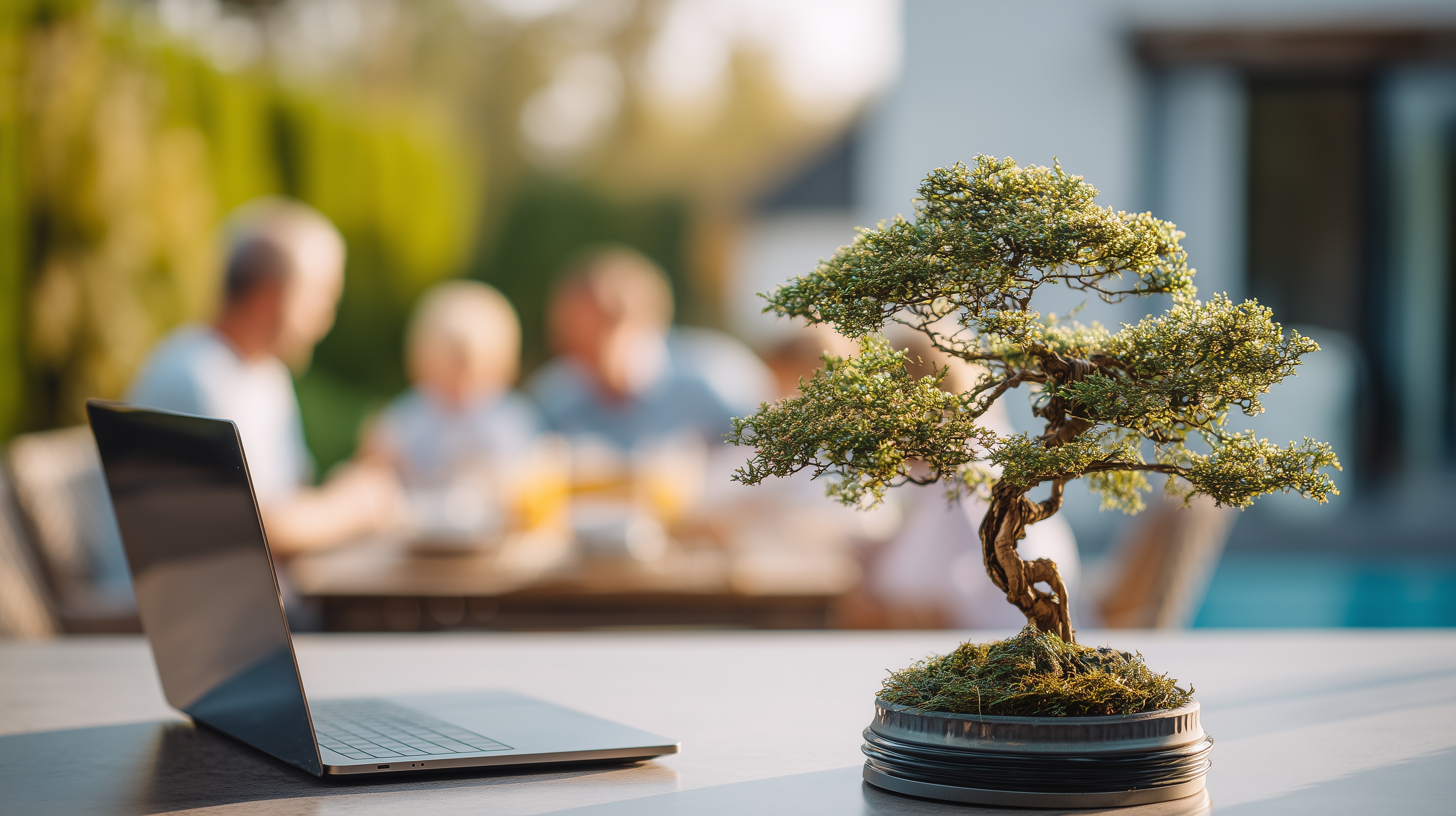 A picture of a laptop and a bonsai tree. In the defocused background, people are eating breakfast